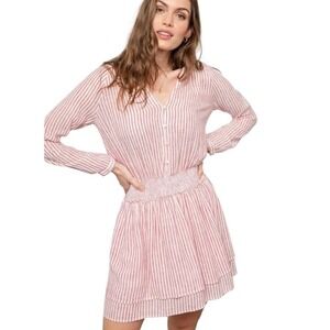 Rails Jasmine Belmont Stripe Mini Dress Red White Linen Blend XS Smocked‎ Waist